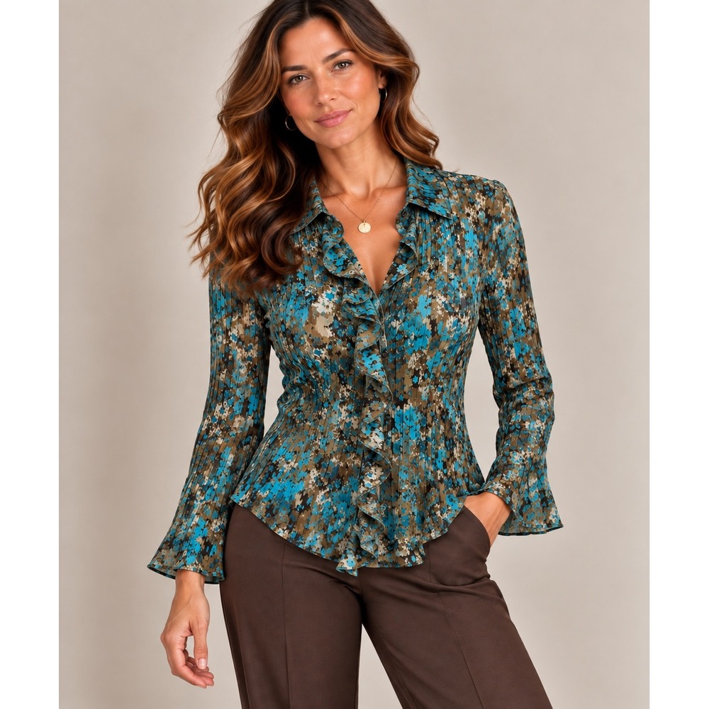 Apt 9 Pleated Ruffle Blouse Petite Medium Blue Brown Abstract Fairy Turquoise